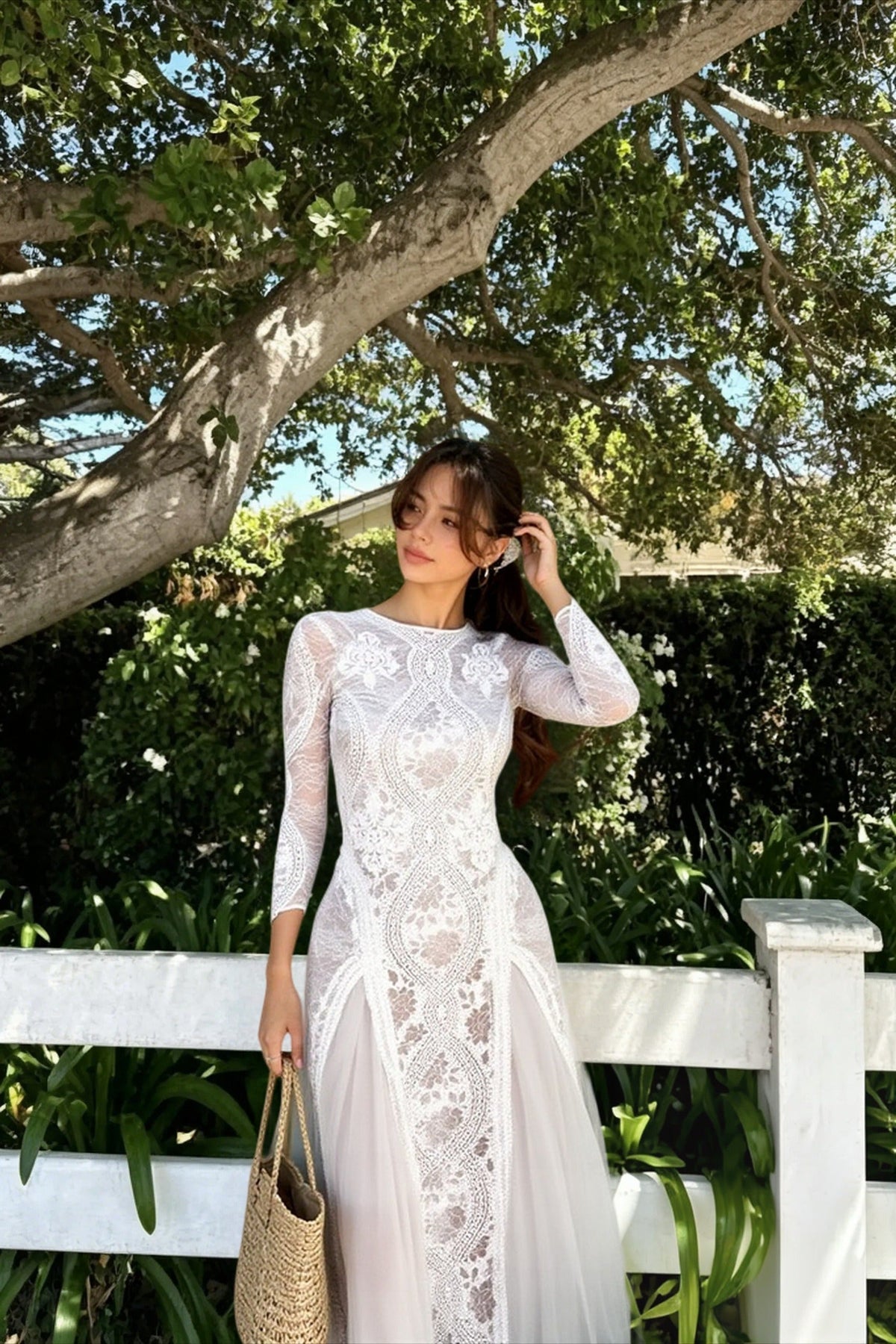 Round Neck Long Sleeve Sheer Lace Overlay Maxi Dress