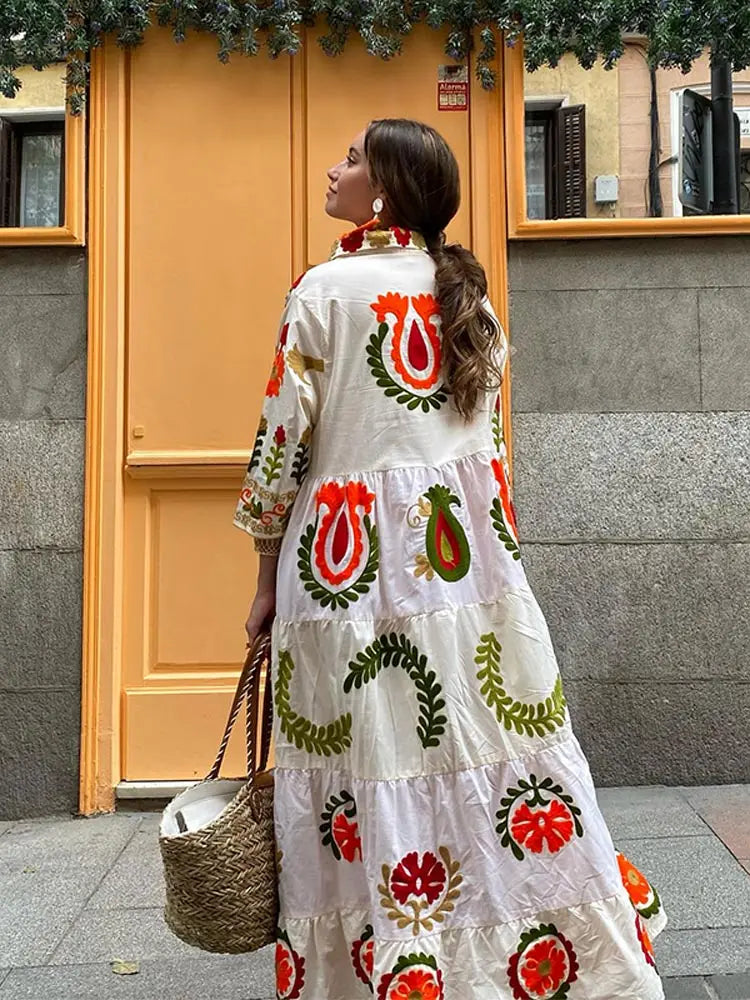 Embroidered Floral Long Sleeve Collared Button Front Tiered Maxi Dress - View 3