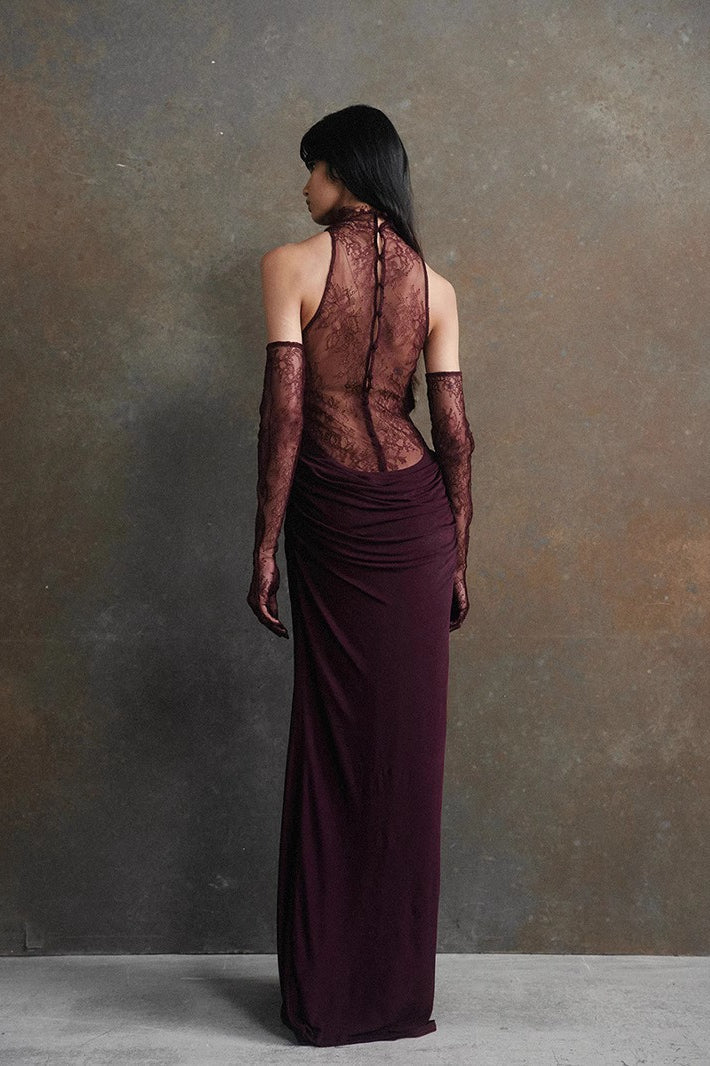 Halter Neck Sheer Lace Panel Backless Bodycon Maxi Dress - View 3