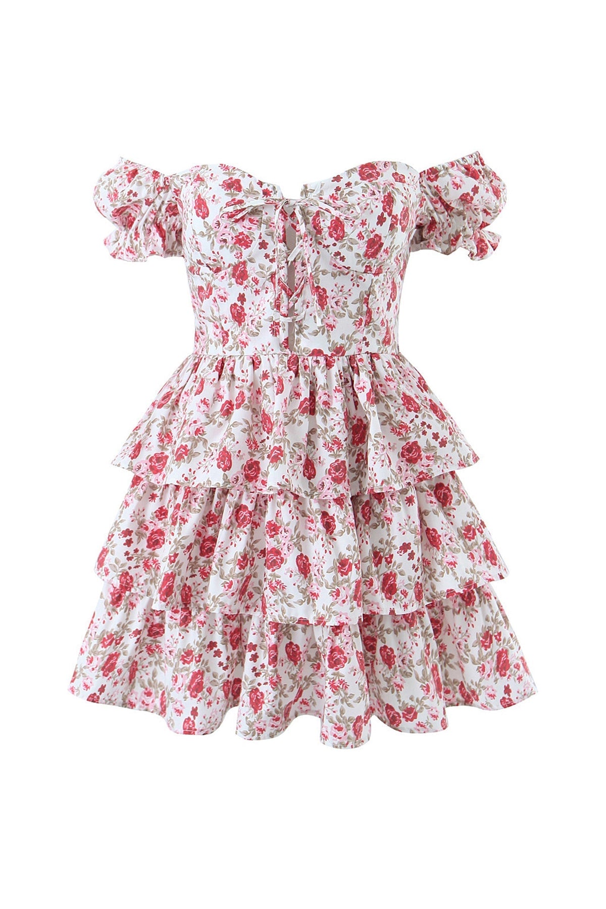 Floral Off Shoulder Sweetheart Bustier Tiered Ruffle Mini Dress - View 3