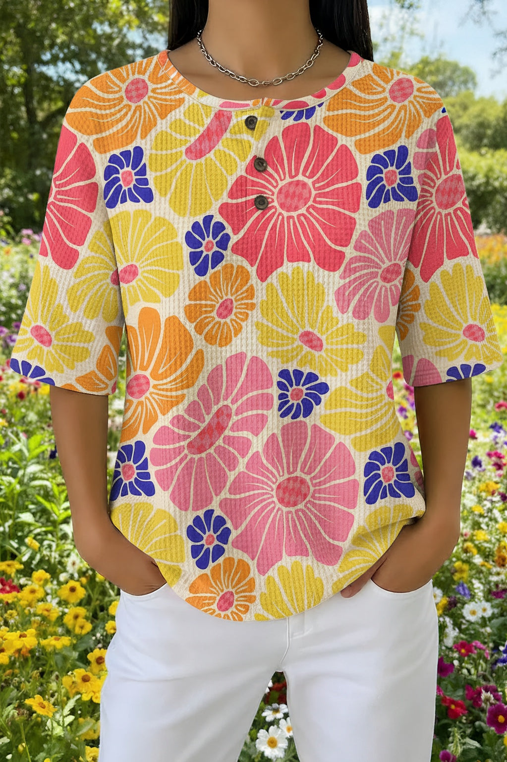Waffle Knit Retro Floral Henley Short Sleeve Top