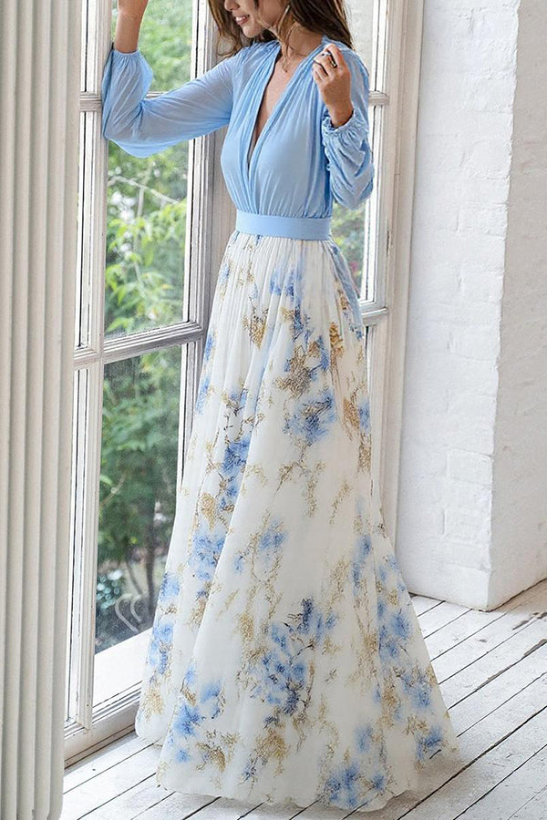 Floral Chiffon Deep V-Neck Bishop Sleeve Maxi Dress 3