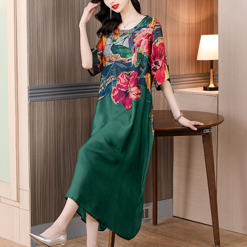 Floral Print Color Block Short Sleeve Loose Midi Dress - View 2