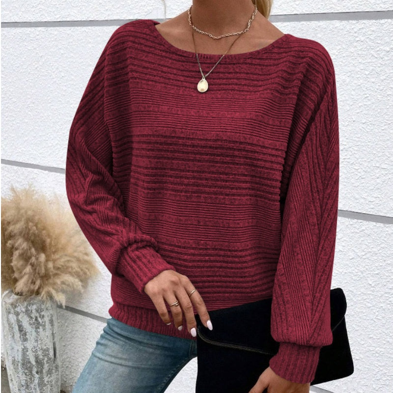 Striped Boat Neck Batwing Long Sleeve Knit Top 11