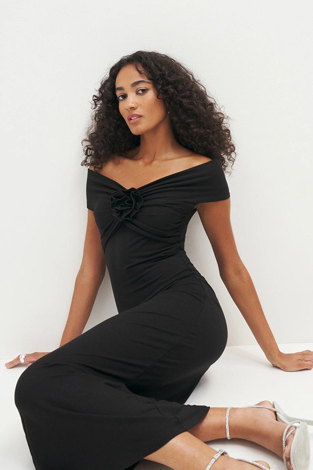 Off Shoulder Ruched Rosette Knit Bodycon Cocktail Dress - View 8