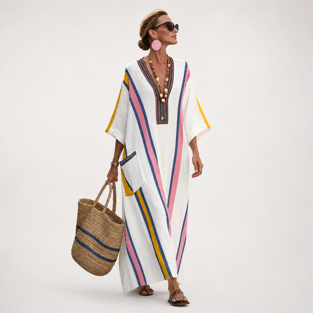 Striped Embroidered V-Neck Kaftan Maxi Dress