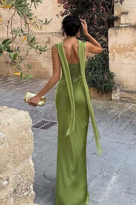 Satin Square Neck Ruched Slim Fit Maxi Prom Dress - View 5