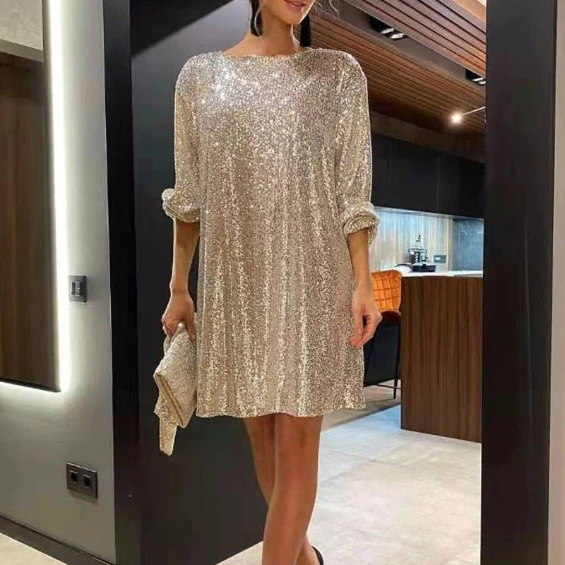 Sequin Boat Neck Long Sleeve Shift Mini Dress