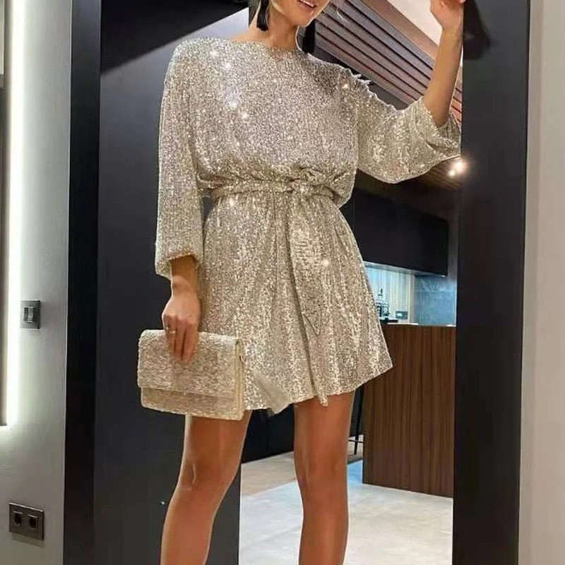 Sequin Boat Neck Long Sleeve Shift Mini Dress - View 7