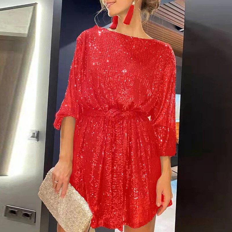Sequin Boat Neck Long Sleeve Shift Mini Dress - View 10