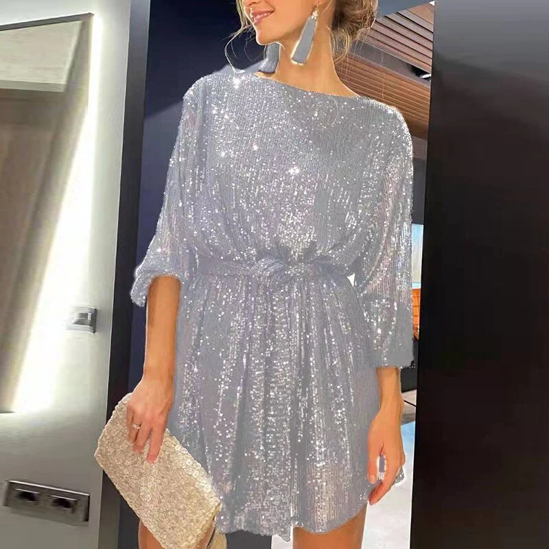 Sequin Boat Neck Long Sleeve Shift Mini Dress - View 11