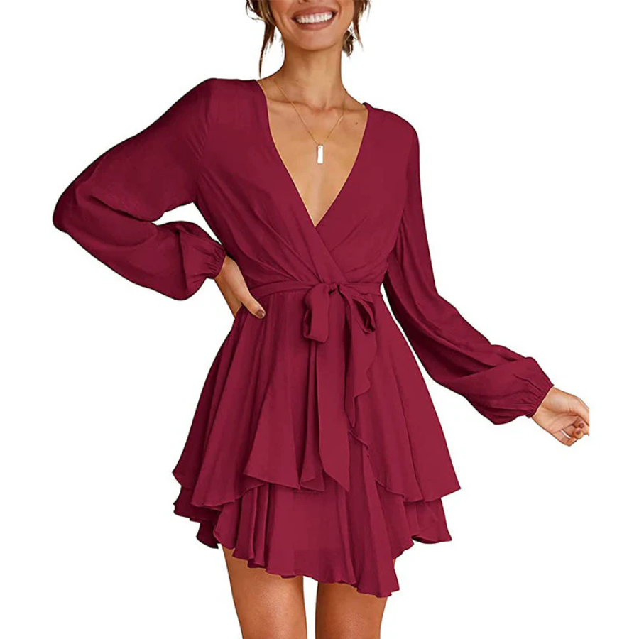 V-Neck Balloon Sleeve Wrap Ruffle Skirt Mini Dress 18