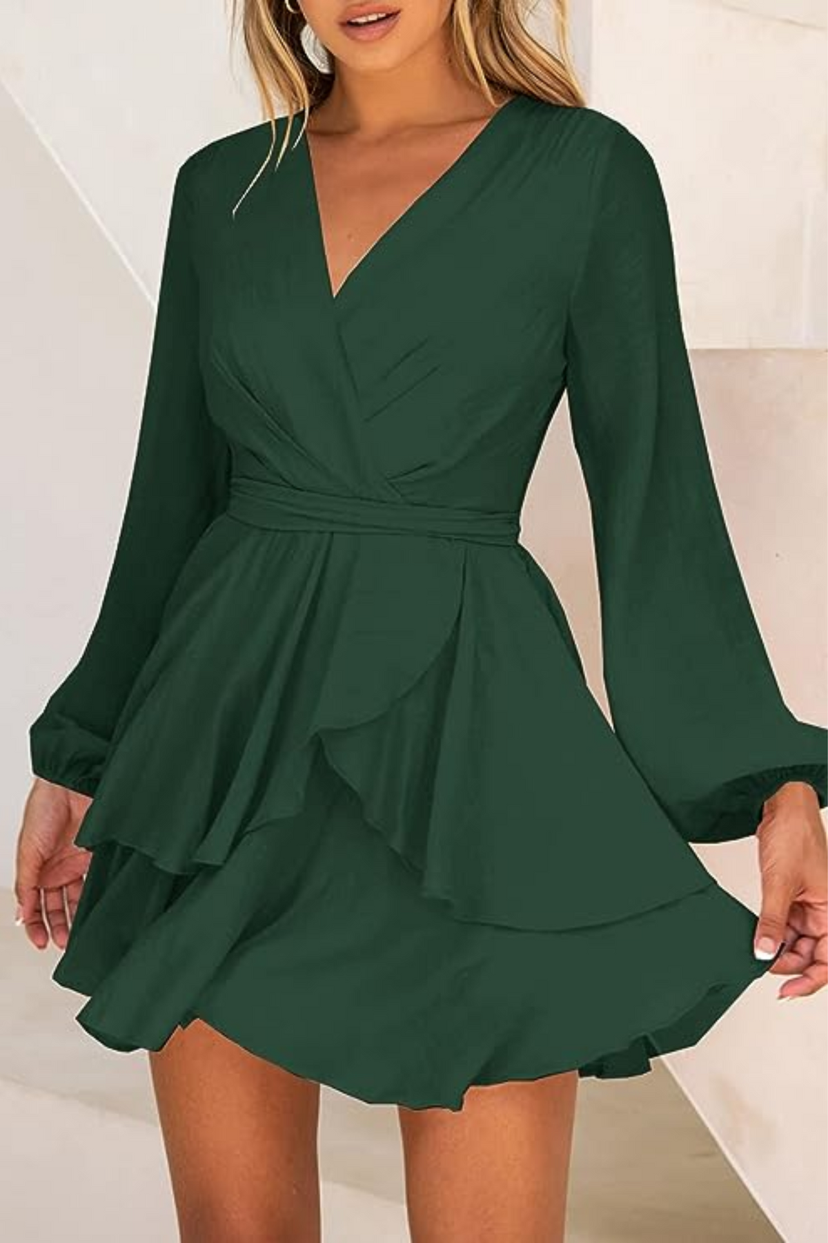 V-Neck Balloon Sleeve Wrap Ruffle Skirt Mini Dress