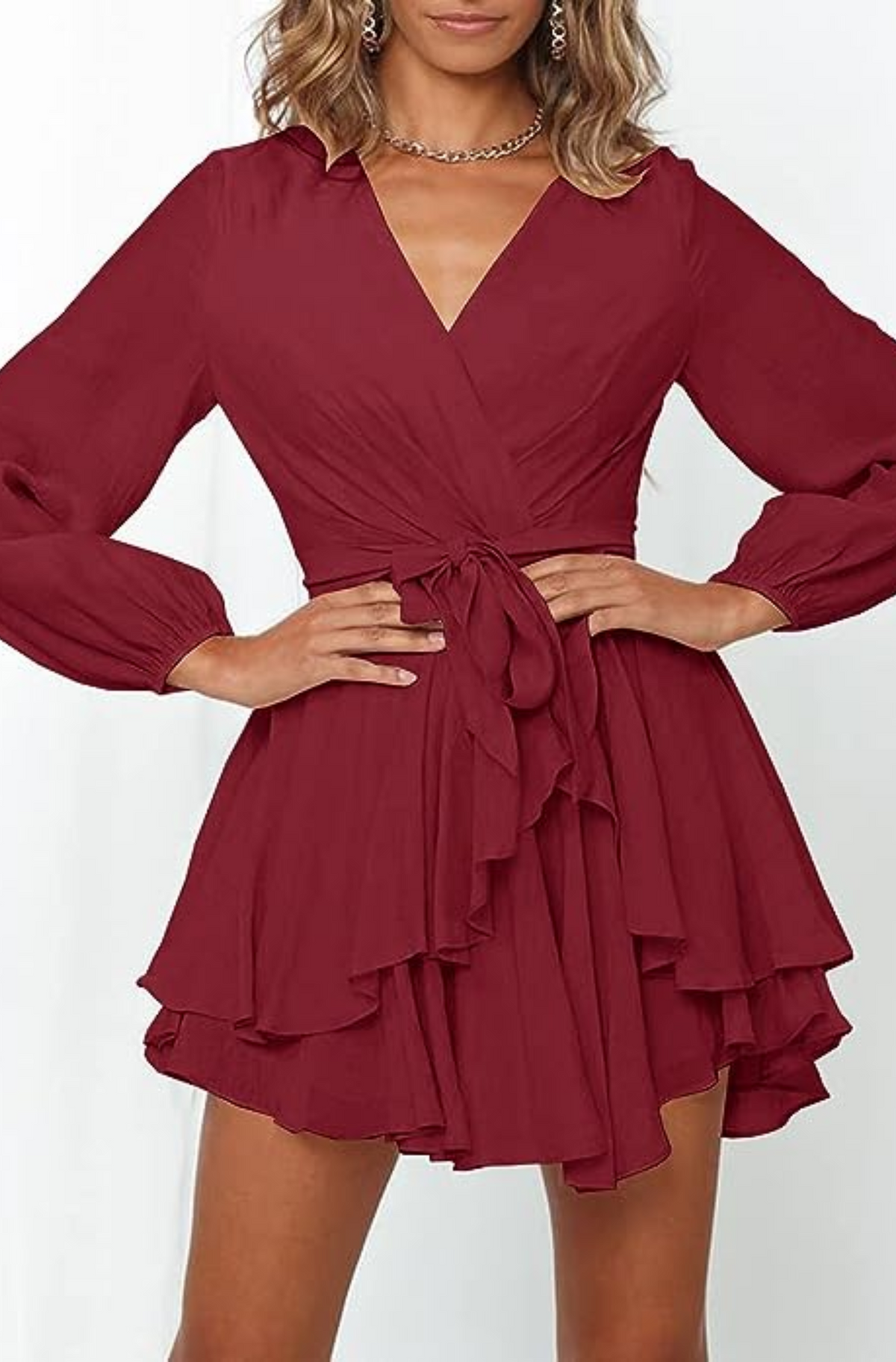 V-Neck Balloon Sleeve Wrap Ruffle Skirt Mini Dress 12