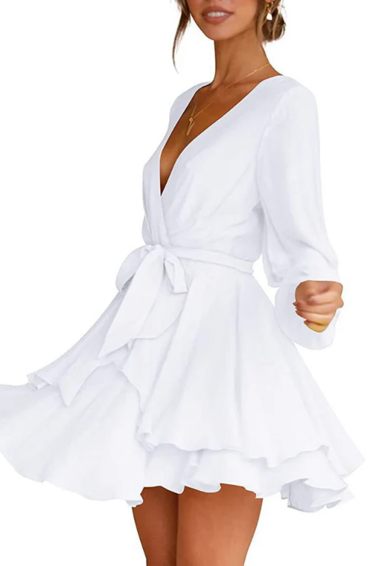 V-Neck Balloon Sleeve Wrap Ruffle Skirt Mini Dress 5
