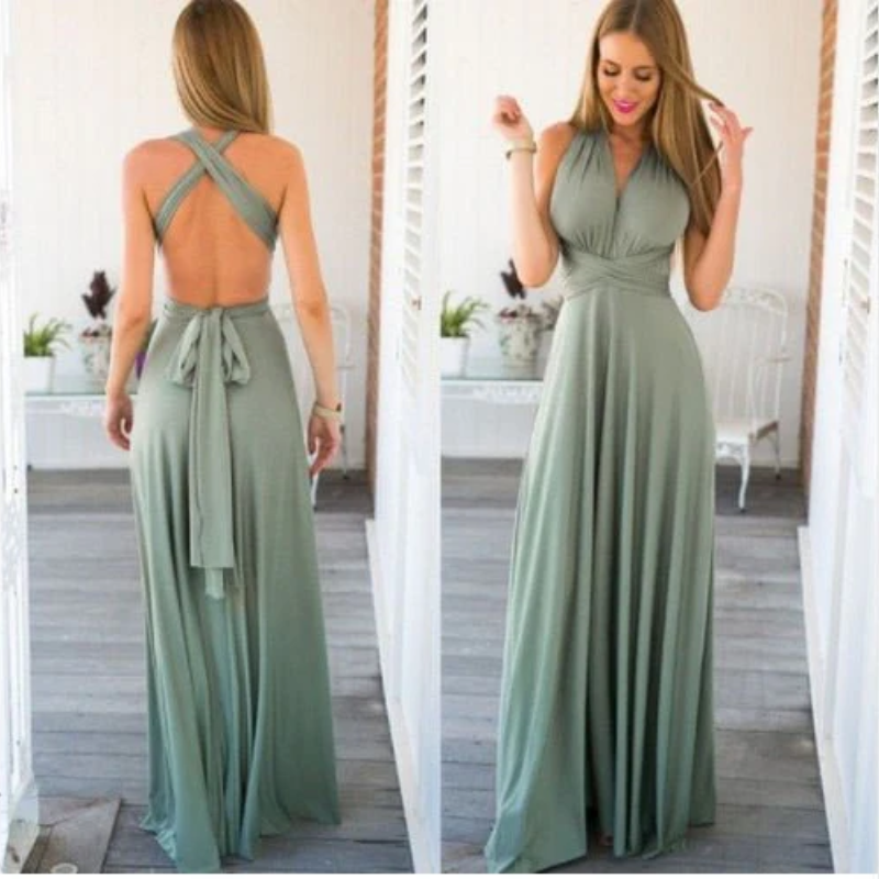 V-Neck Cross Back Ruched Waist Flowy Maxi Dress