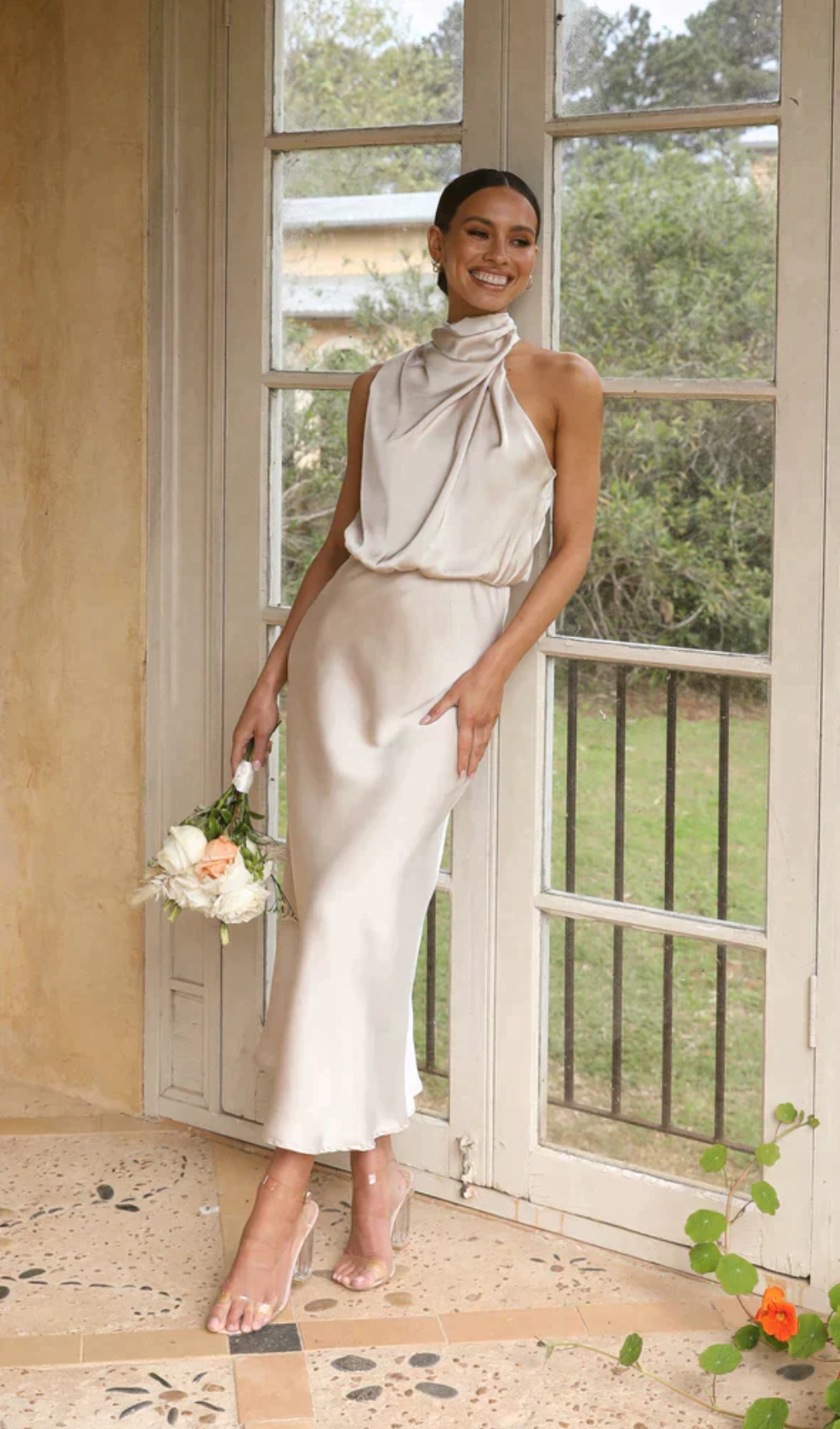Satin Halter Neck Draped Bias-Cut Slip Midi Dress - View 10