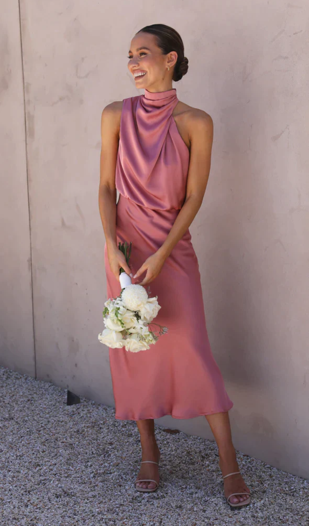 Satin Halter Neck Draped Bias-Cut Slip Midi Dress - View 11