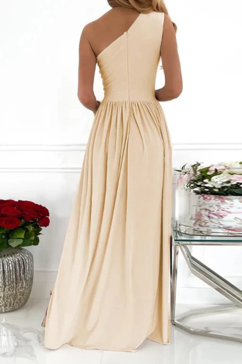 One Shoulder Back Zipper Gathered Waist Column Maxi Gown