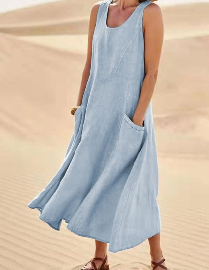 Sleeveless Scoop Neck Patch Pocket A-Line Summer Midi Dress - View 7