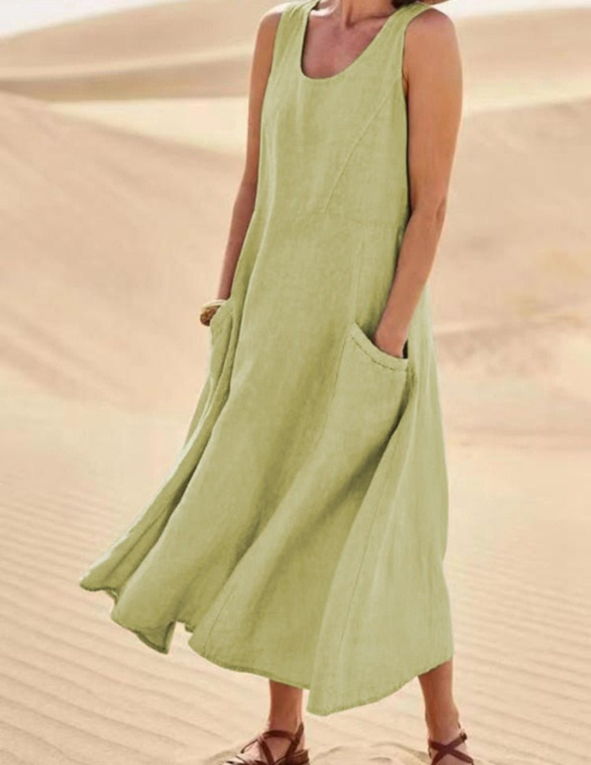 Sleeveless Scoop Neck Patch Pocket A-Line Summer Midi Dress - View 9