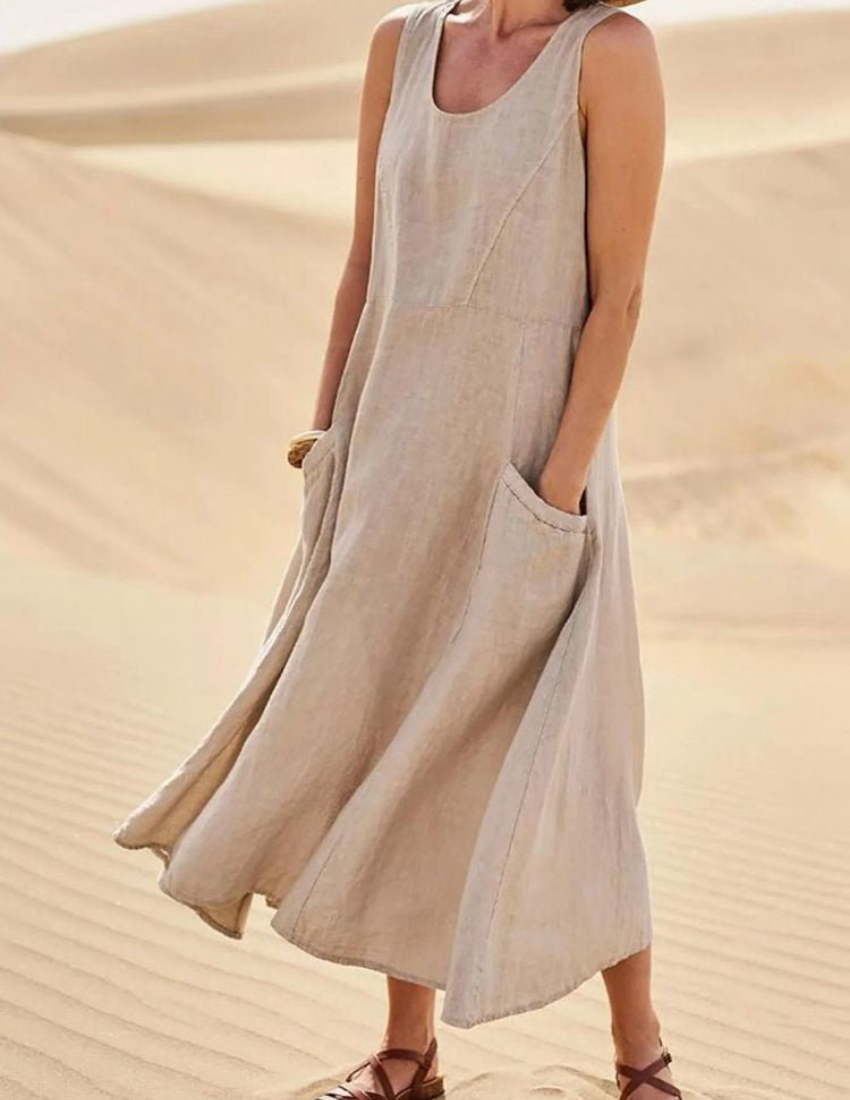 Sleeveless Scoop Neck Patch Pocket A-Line Summer Midi Dress