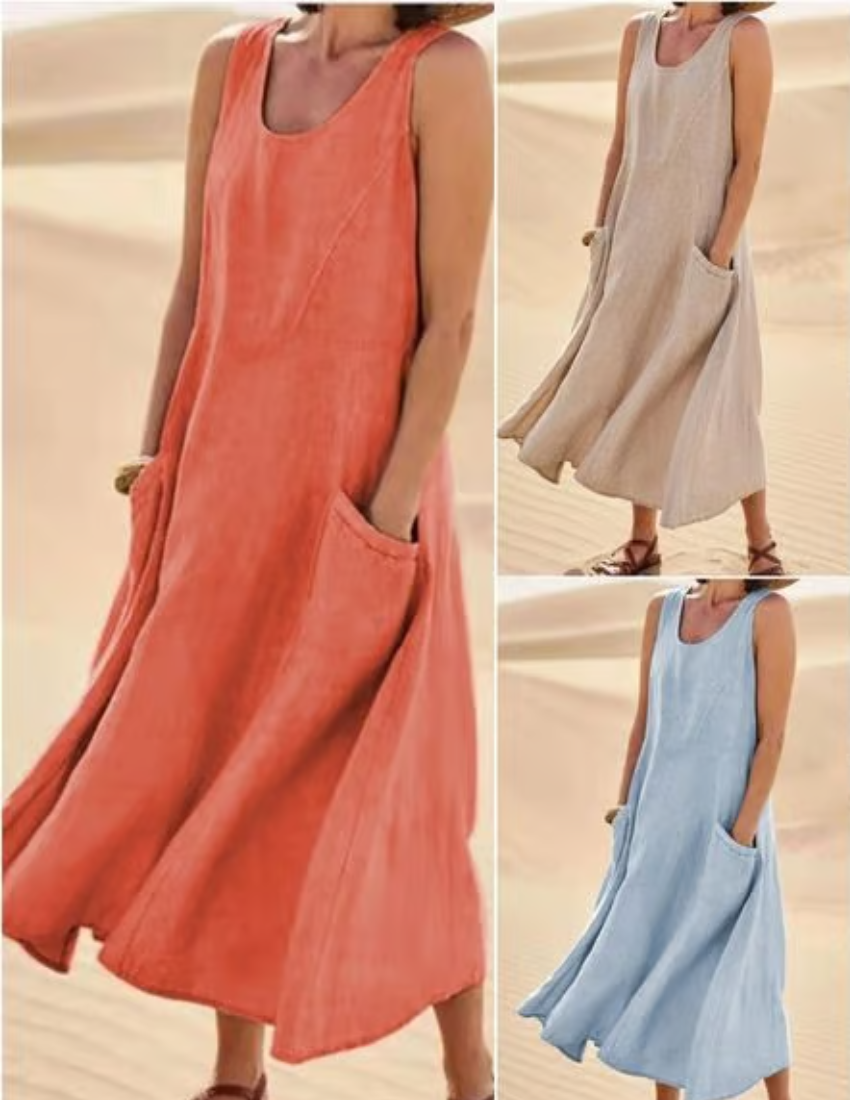 Sleeveless Scoop Neck Patch Pocket A-Line Summer Midi Dress - View 3