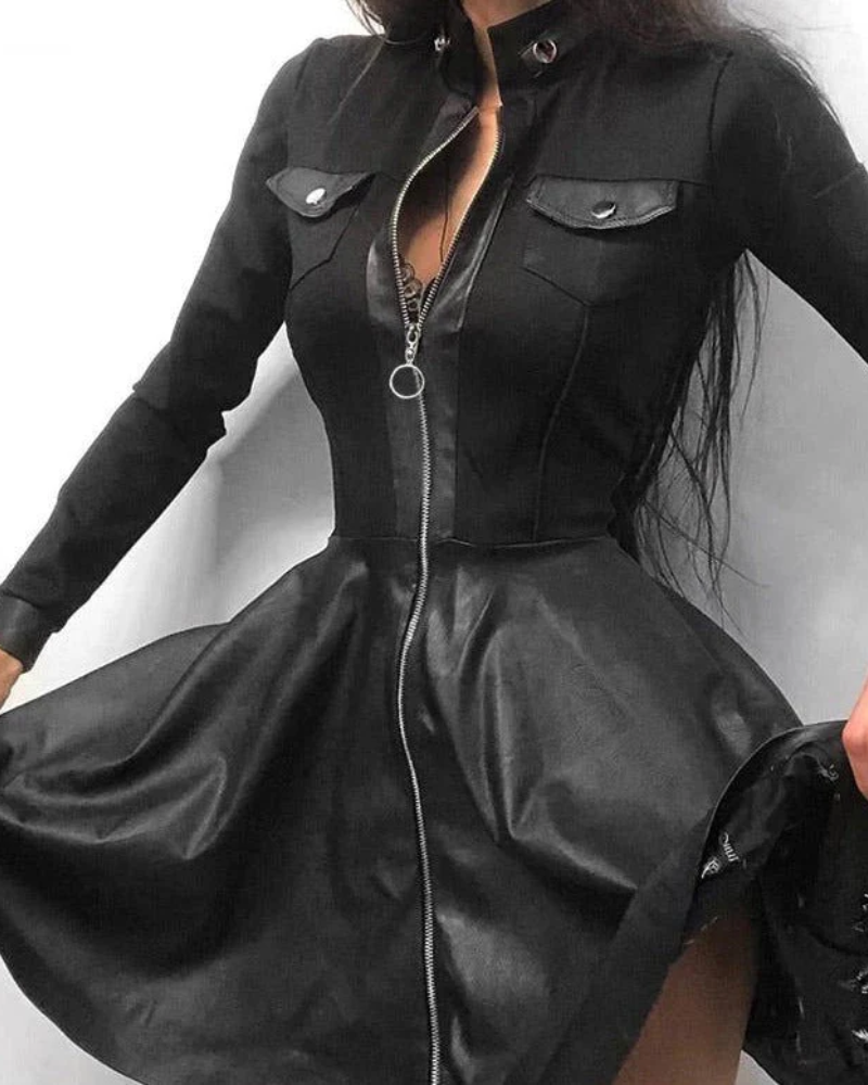 Mock Neck Long Sleeve Front Zip Faux Leather Skater Mini Party Dress - View 6