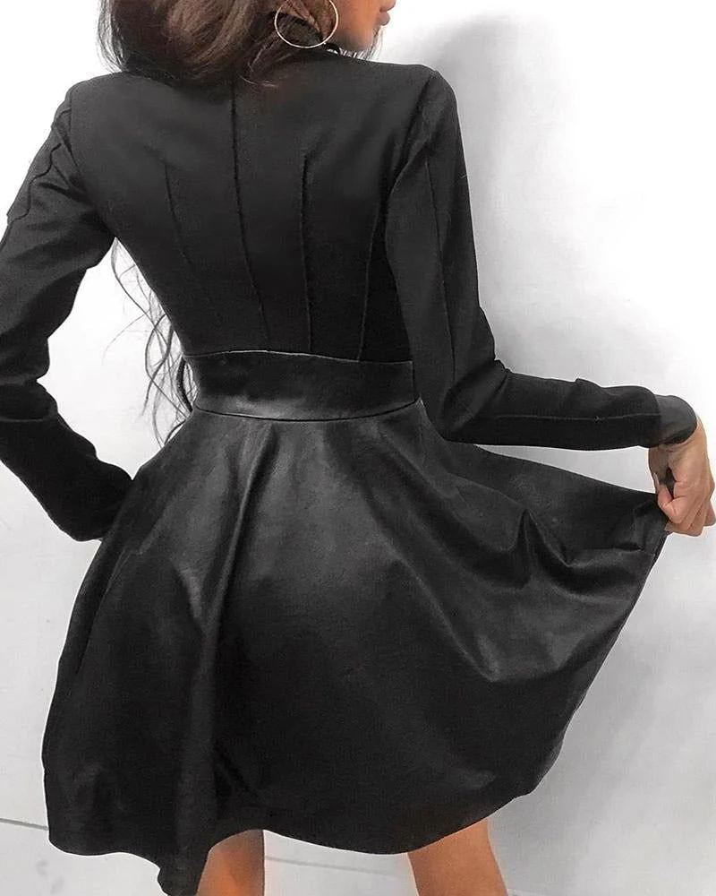 Mock Neck Long Sleeve Front Zip Faux Leather Skater Mini Party Dress - View 2