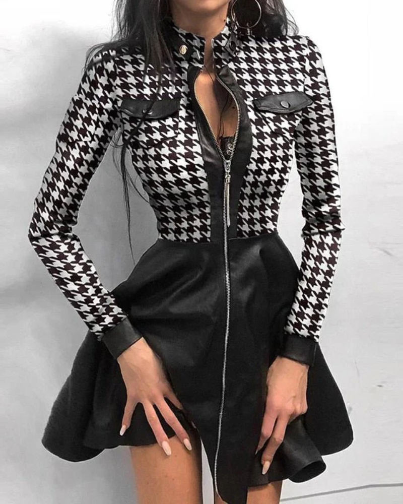 Mock Neck Long Sleeve Front Zip Faux Leather Skater Mini Party Dress - View 8