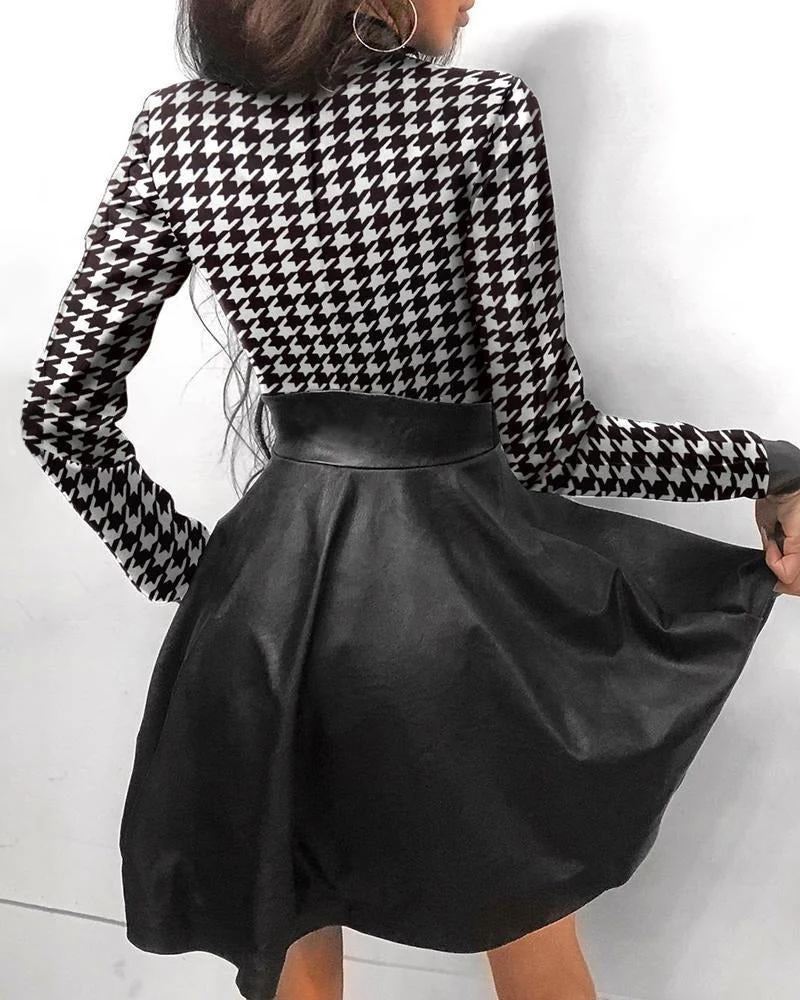 Mock Neck Long Sleeve Front Zip Faux Leather Skater Mini Party Dress - View 4