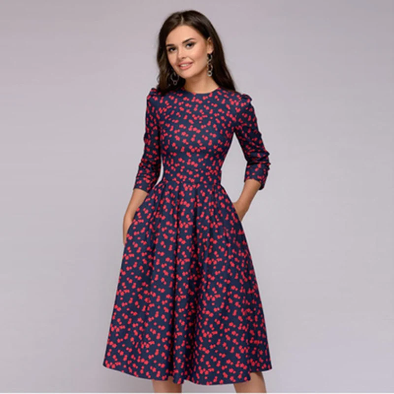 Ditsy Floral Fit and Flare Three Quarter Sleeve Party Midi Dress
