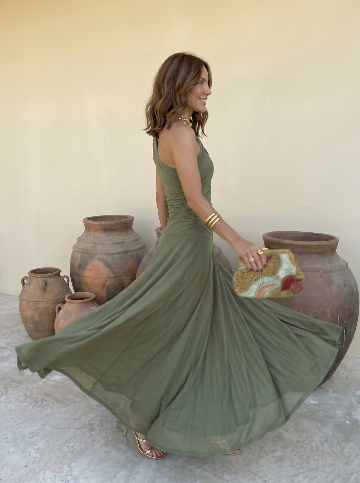 Off Shoulder Ruched Draped Fit and Flare Maxi Dress 6