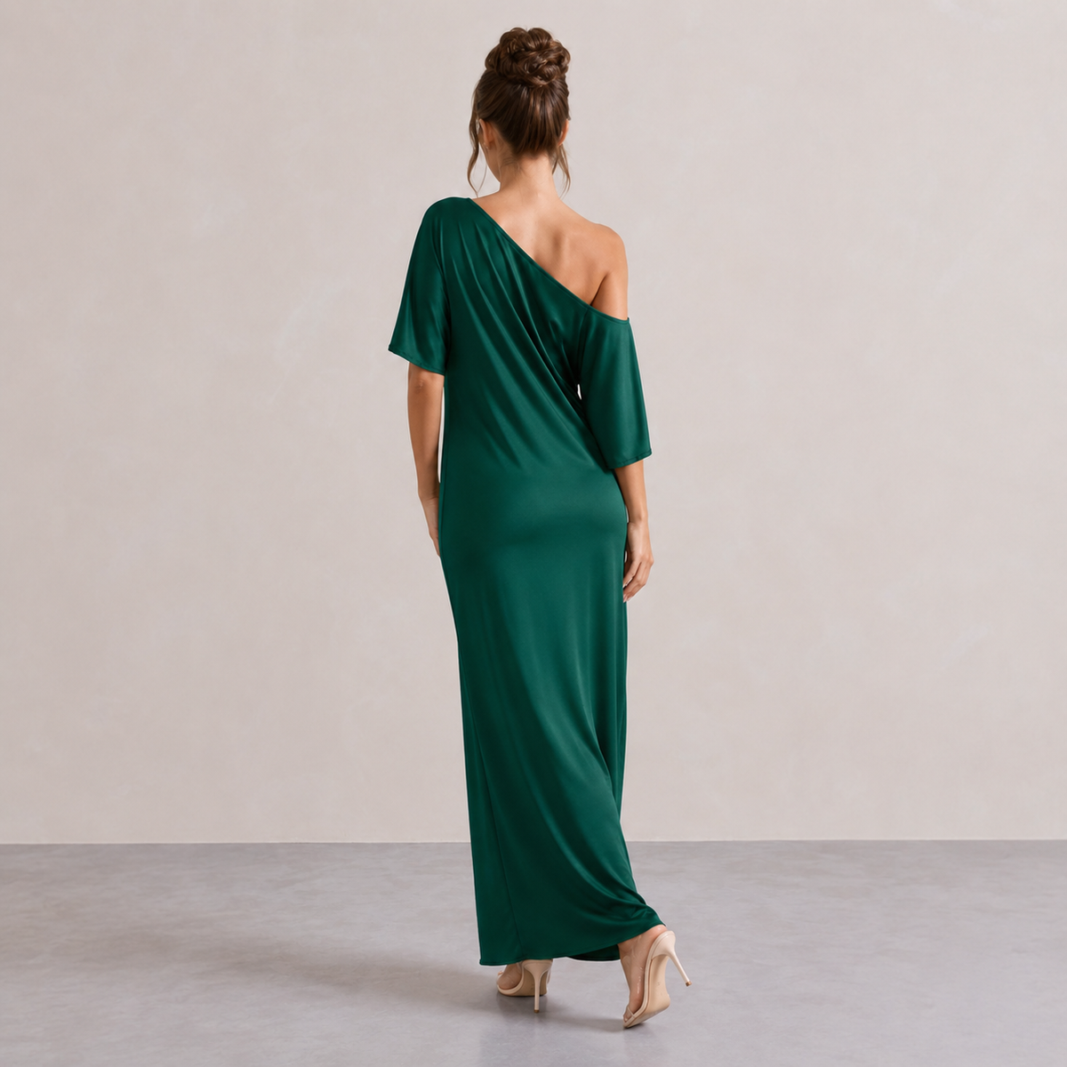 One Shoulder Batwing Sleeve Satin Side Split Maxi Dress 18