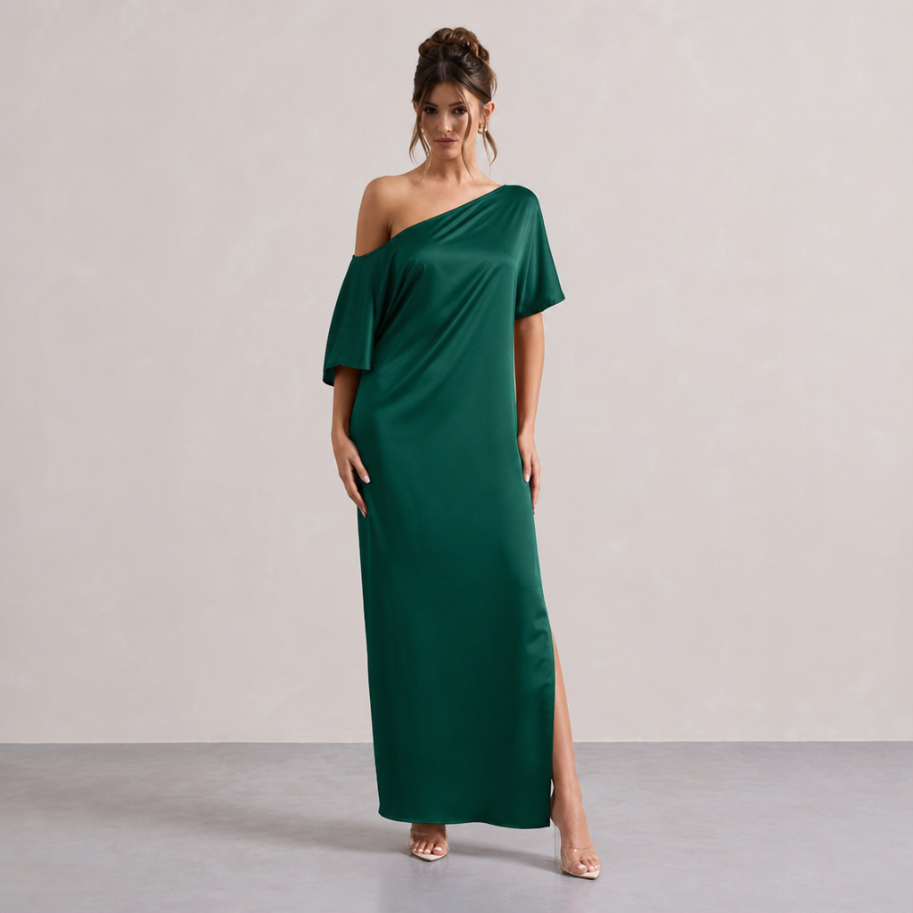 One Shoulder Batwing Sleeve Satin Side Split Maxi Dress 16