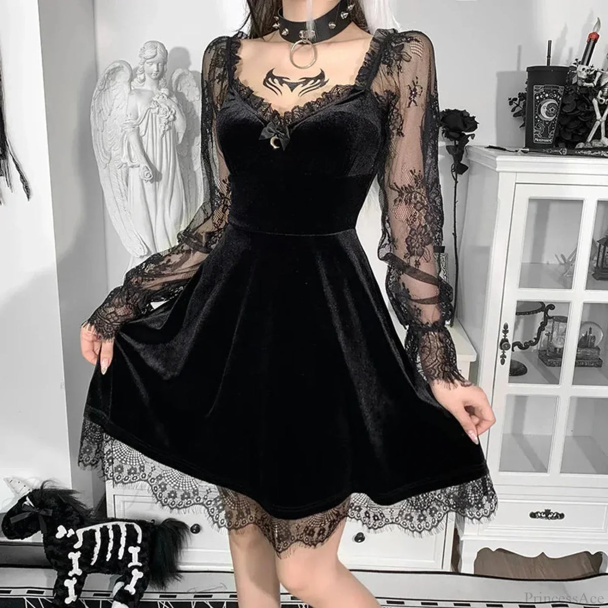 Velvet Sweetheart Lace Trim Long Sleeve Lace Hem A-Line Mini Dress