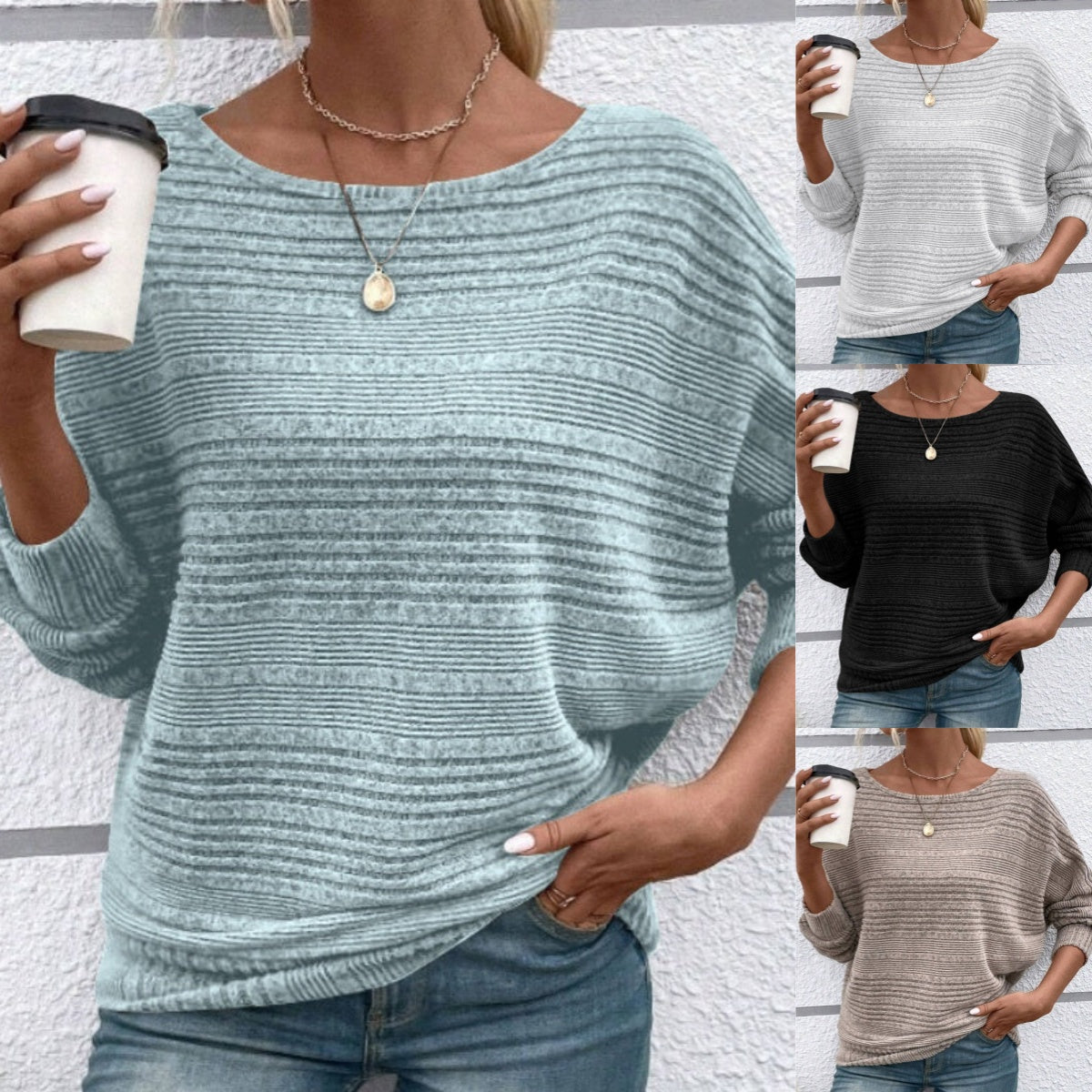 Striped Boat Neck Batwing Long Sleeve Knit Top