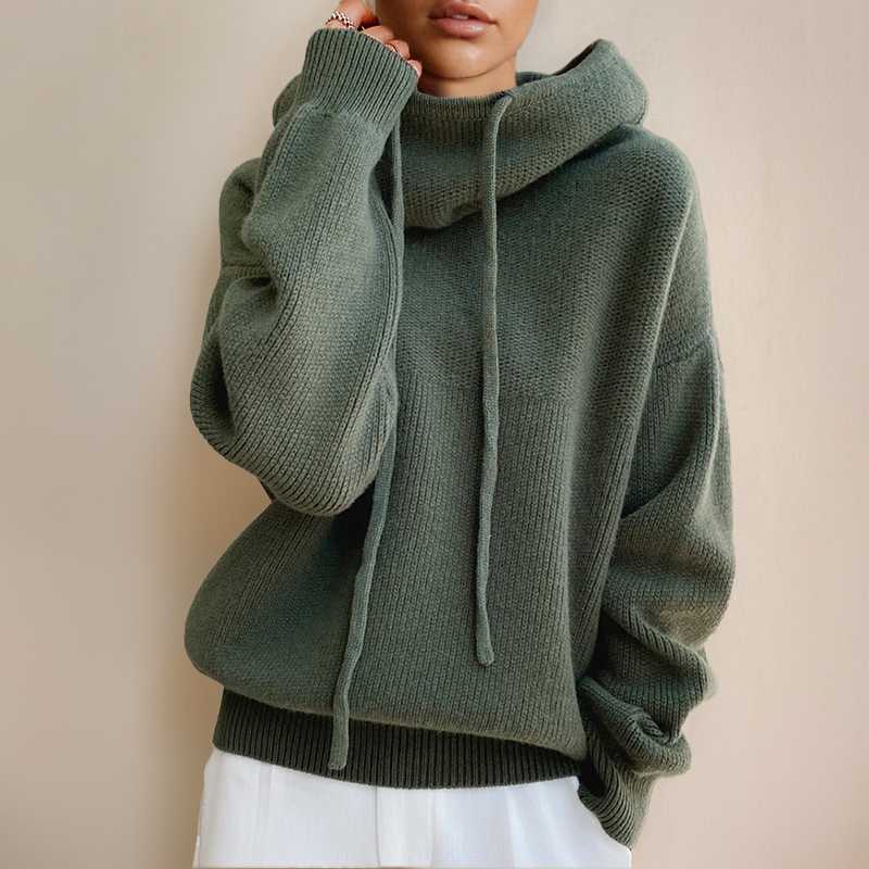 Hooded Drawstring Ribbed Hem Oversized Knit Sweater