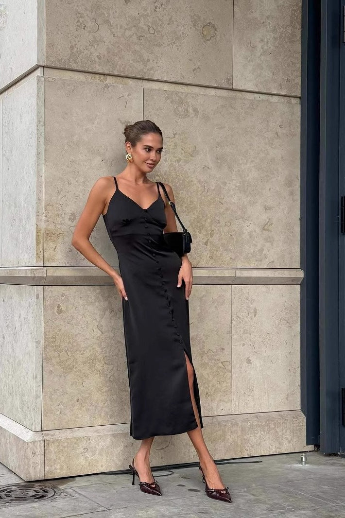 Solid Lace-Trim Cami Maxi Silk Dress - View 5