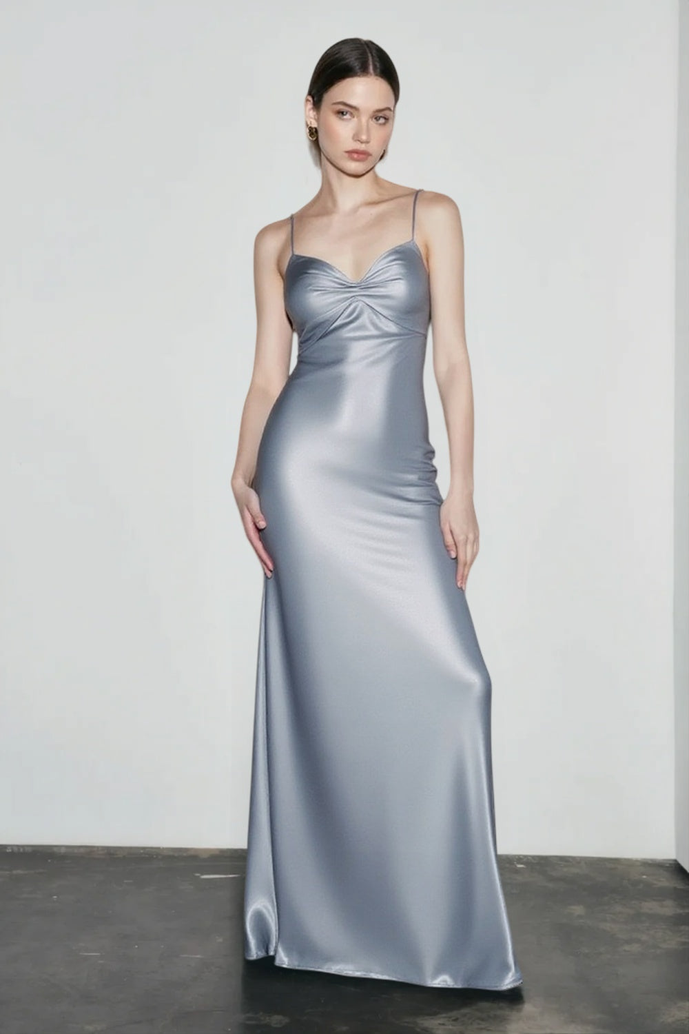 Satin Sweetheart Spaghetti Strap Ruched Bodycon Maxi Dress - View 2