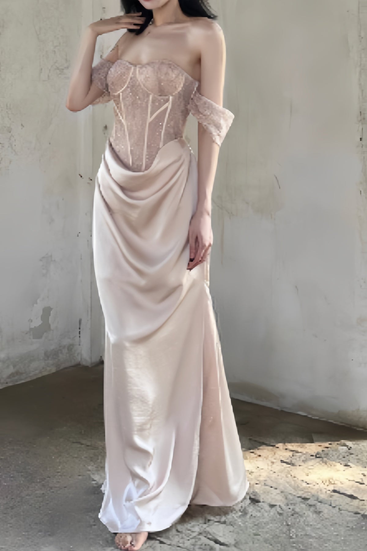 Corset Off Shoulder Ruched Satin Maxi Prom Dress - View 2
