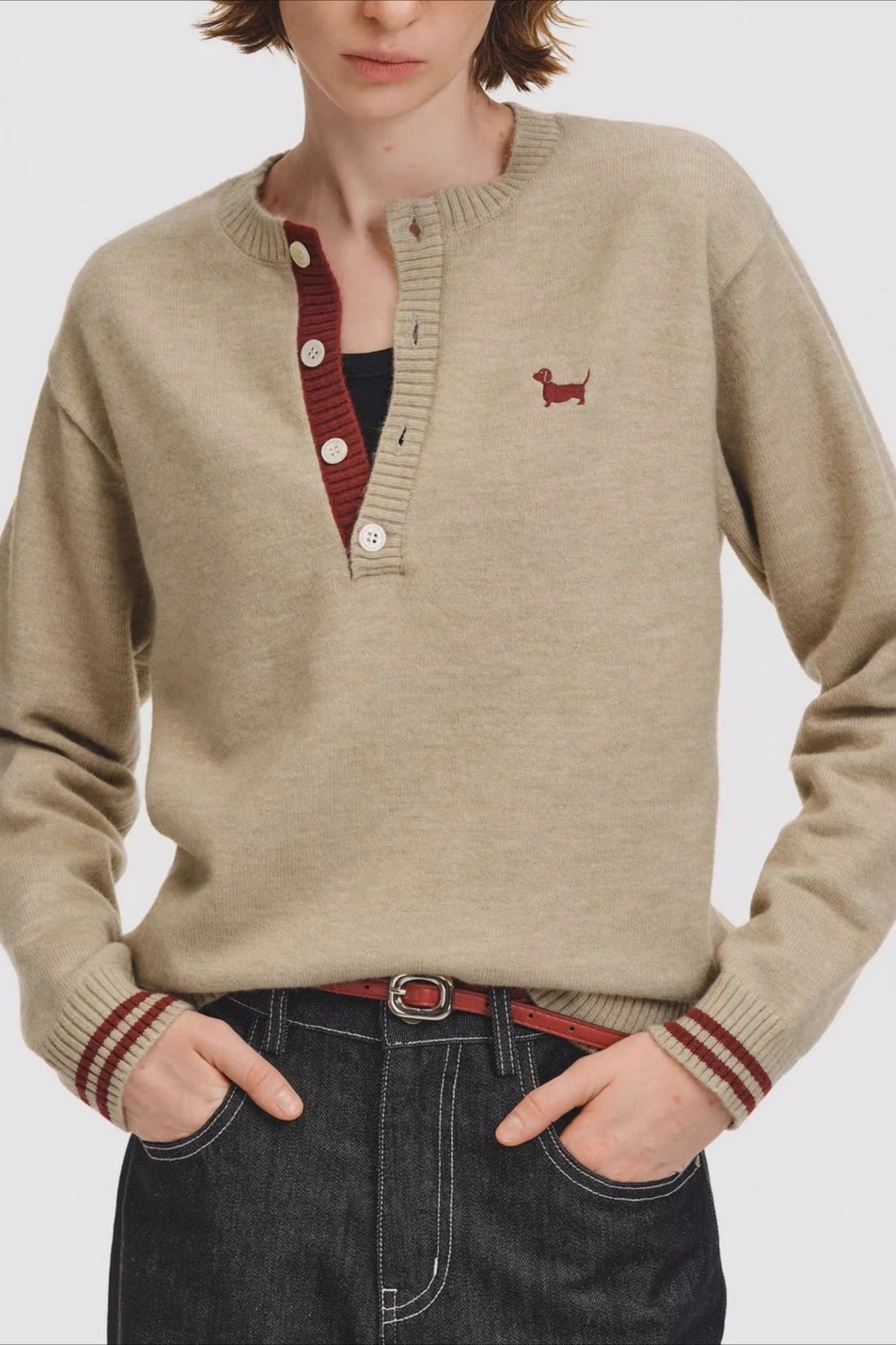 Retro Striped Henley Long Sleeve Top