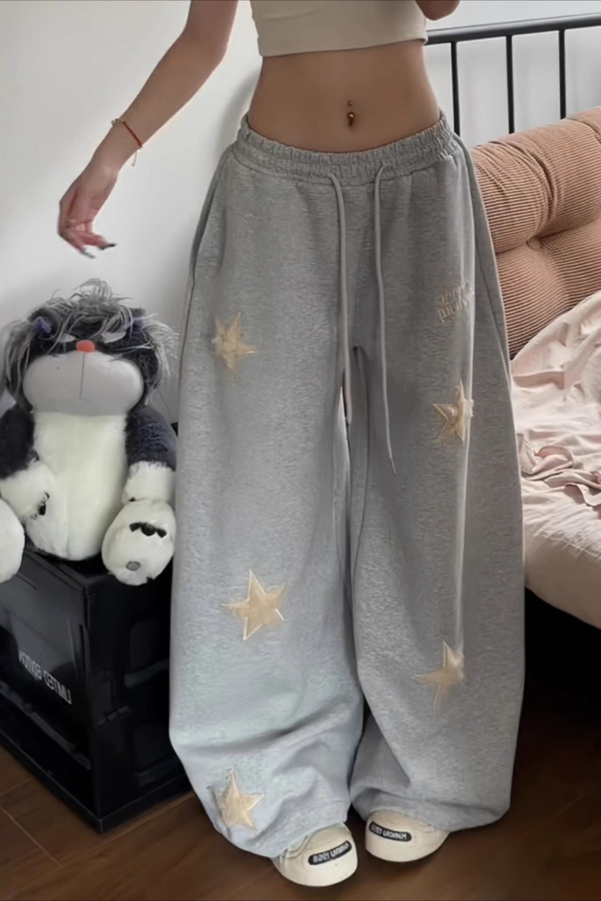 Vintage Star Embroidered Gray Loose Wide Leg Pants