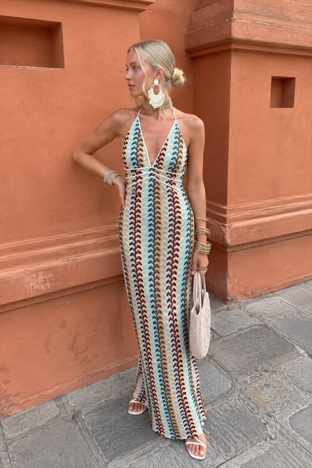 Deep V-Neck Halter Crochet Knit Maxi Dress