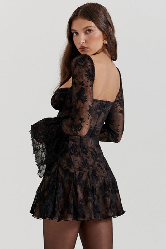 Lace Off Shoulder Bell Sleeve Corset Tie Front Mini Dress - View 6