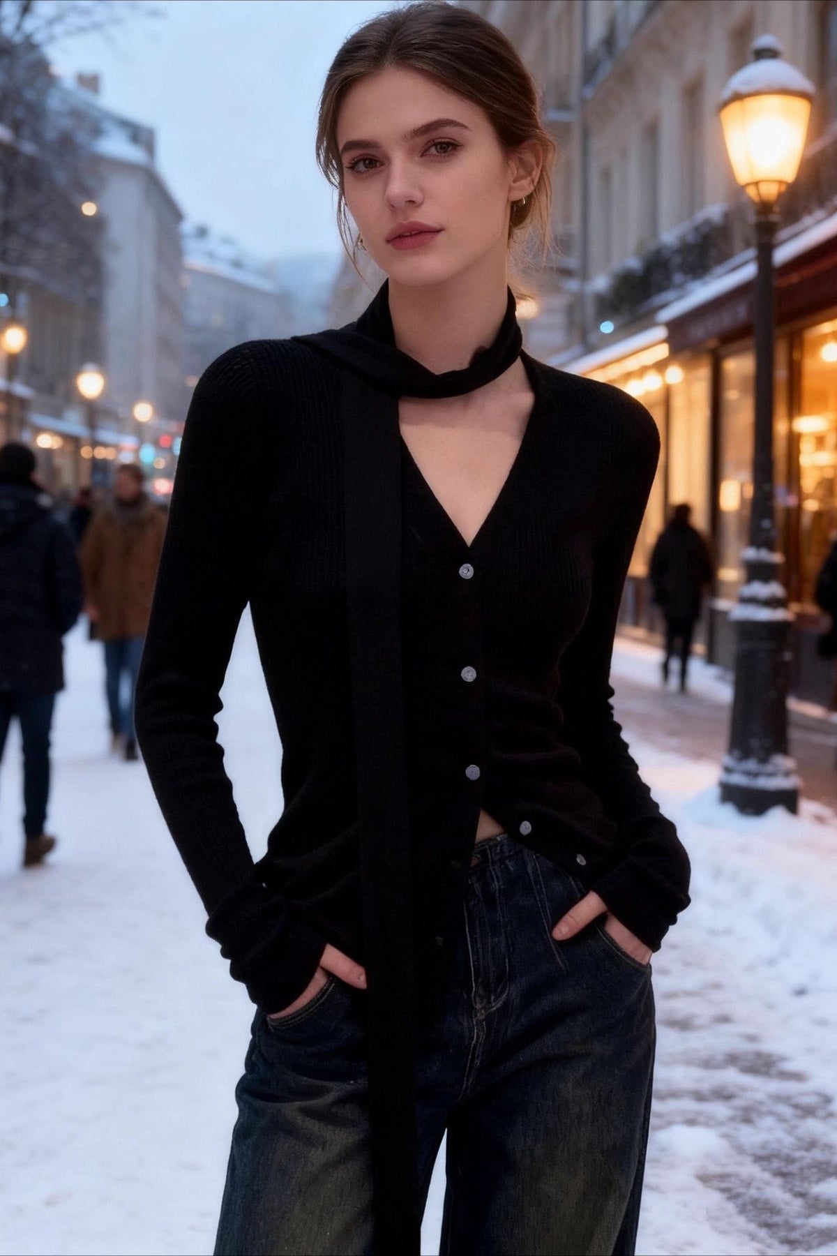 Snood Neck Ribbed Knit Top
