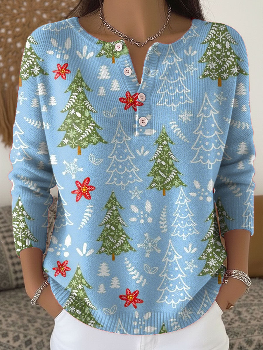 Christmas Tree Print Button Henley Waffle Knit Top 3