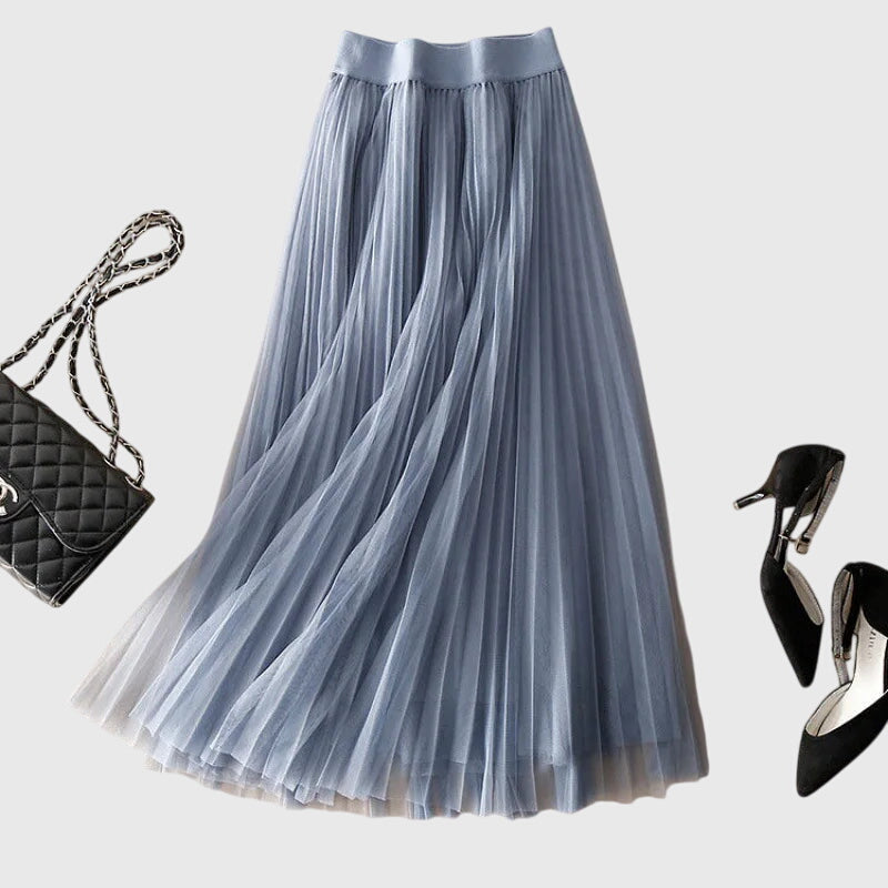 High Waist Pleated Tulle Maxi Skirt