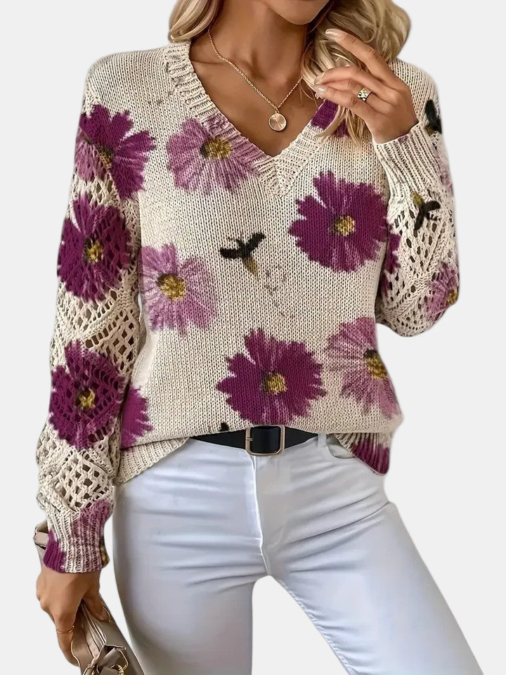 Floral V-Neck Long Sleeve Crochet Sleeve Knit Sweater 16