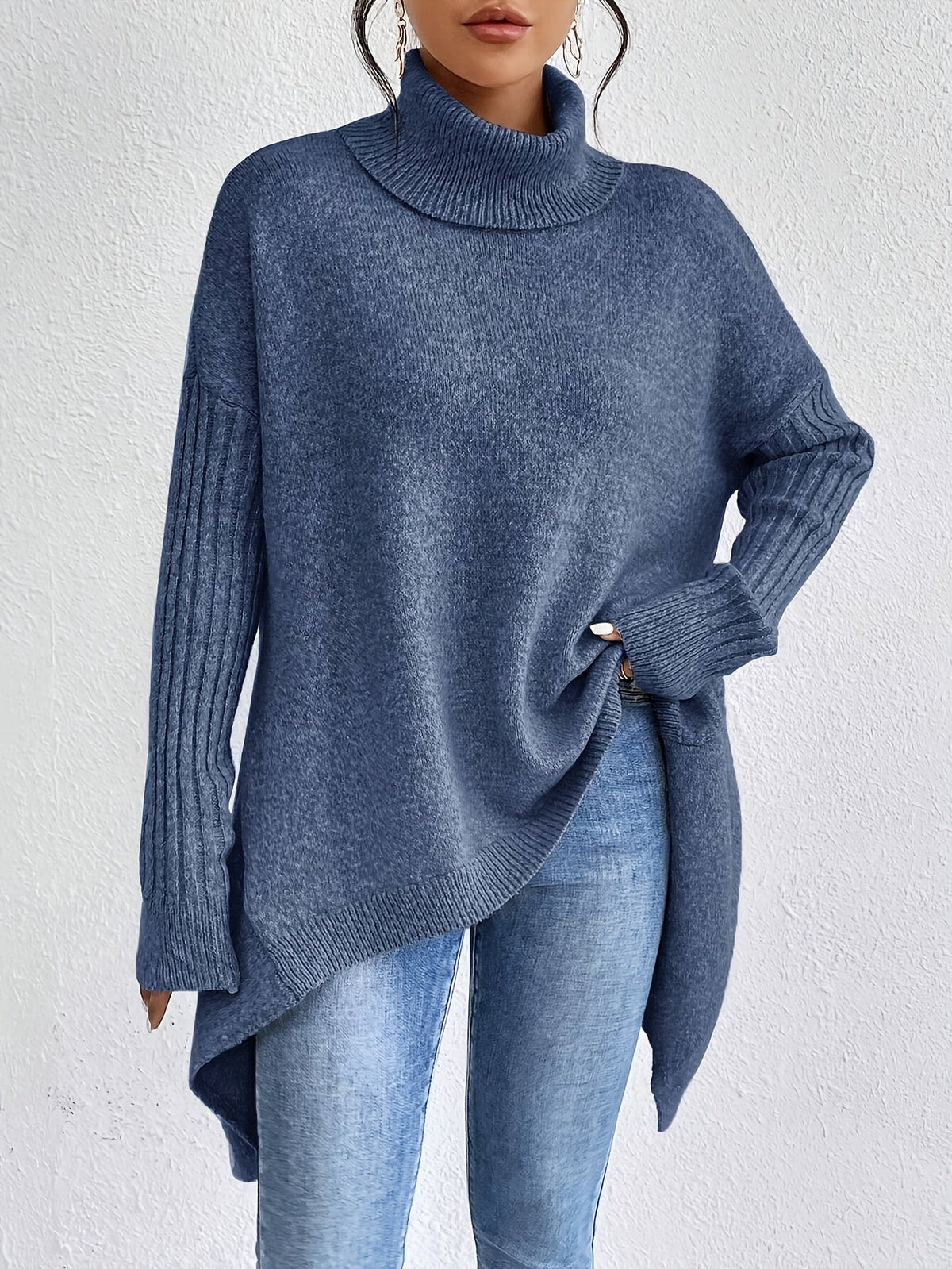 Turtleneck Long Sleeve Oversized High Low Sweater 4
